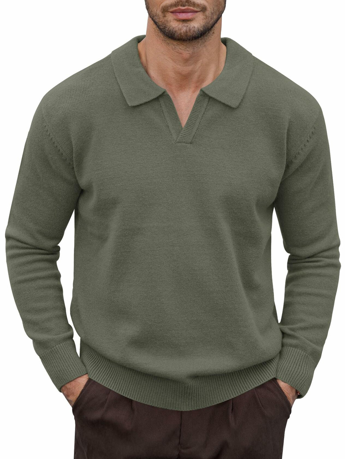 Herberton Men's Polo Sweater Pullover V Neck Long Sleeve Grey Size L