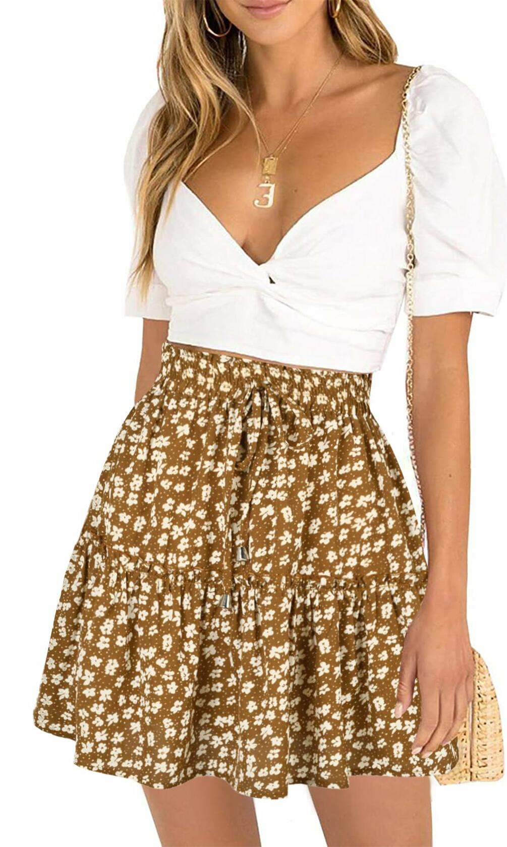 Women's Summer High Waist Drawstring Mini Skirt Casual Flowy Boho Size L