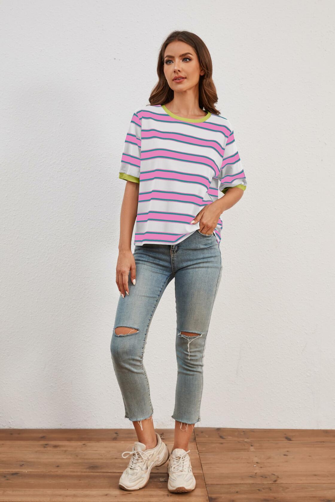 MISSACTIVER Short Sleeve Contrast Striped Tee Shirt Pink Large Size L