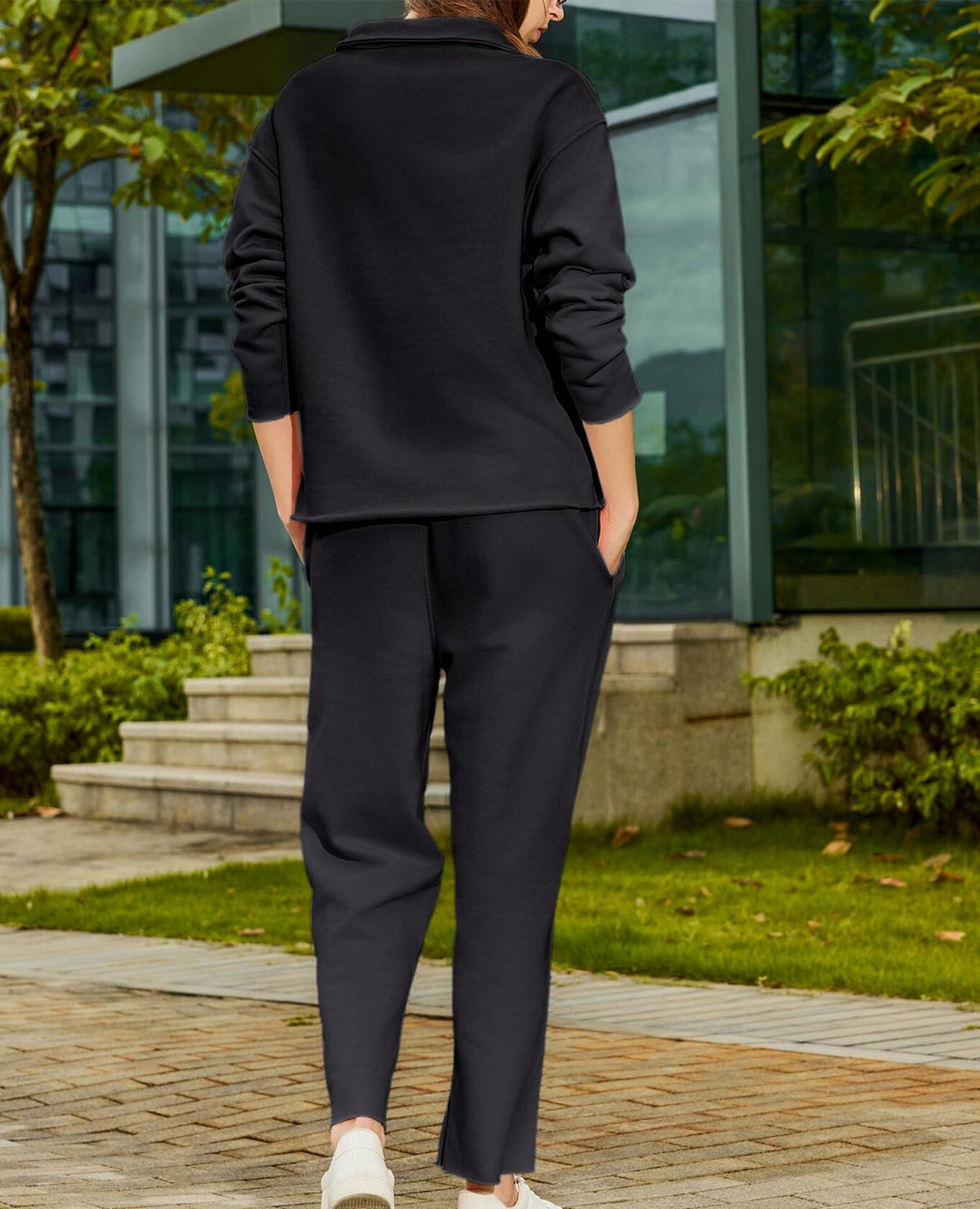 Yioaga Women Tracksuit 2 Piece Set Pullover Sweatshirt Sweatpants Black Size L