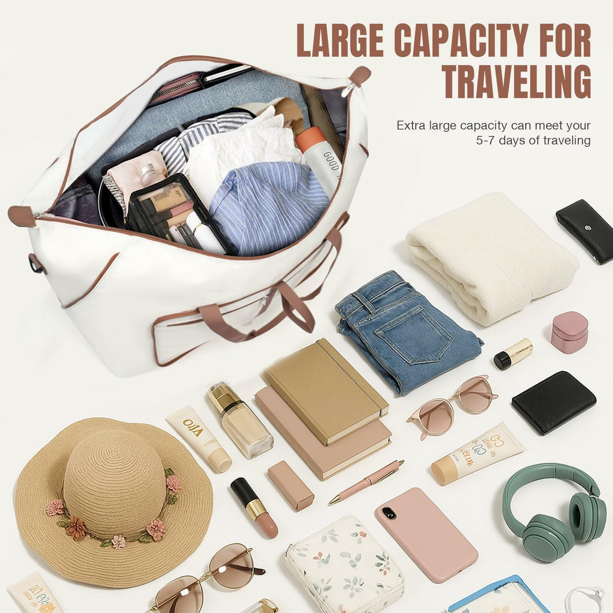 Travel Duffel Bag Women 80L Lightweight Water Resistant Foldable Beige