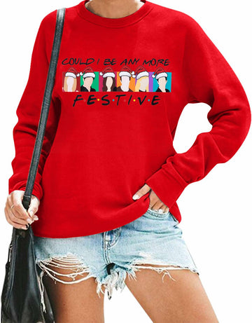 FASHGL Christmas Friends Sweatshirt Women Red Long Sleeve Tee Size L