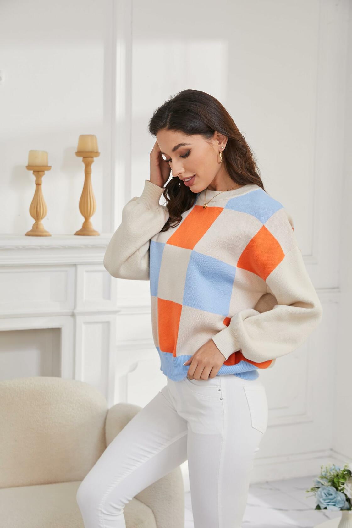 LISILONG Women's Ribbed Knit Sweater Long Sleeve multicolor Pullover Size S