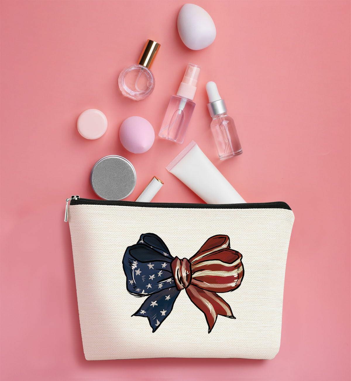 BARPERY 4th of July Coquette Makeup Bag Red White Blue Accessories Bow
