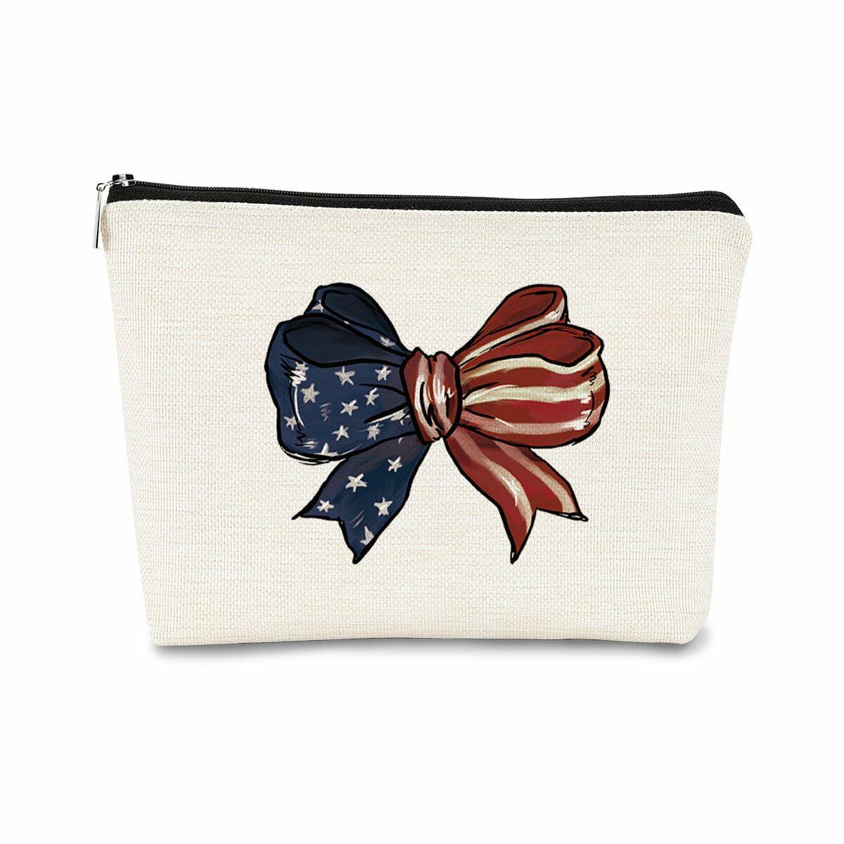 BARPERY 4th of July Coquette Makeup Bag Red White Blue Accessories Bow