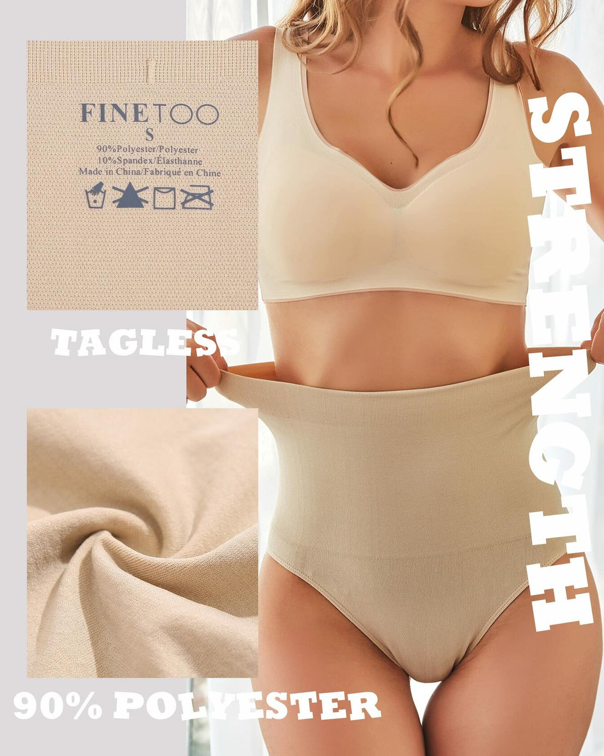 FINETOO Tummy Control High Waisted Shapewear Briefs Plus Size S Nude