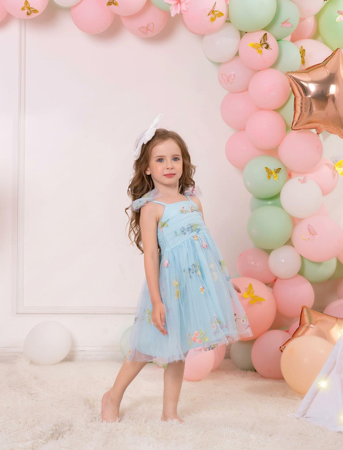 Floral Embroidered Tutu Dress Toddler Girls Bowknot Sleeveless Blue Size 2-3T