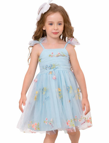 Floral Embroidered Tutu Dress Toddler Girls Bowknot Sleeveless Blue Size 2-3T