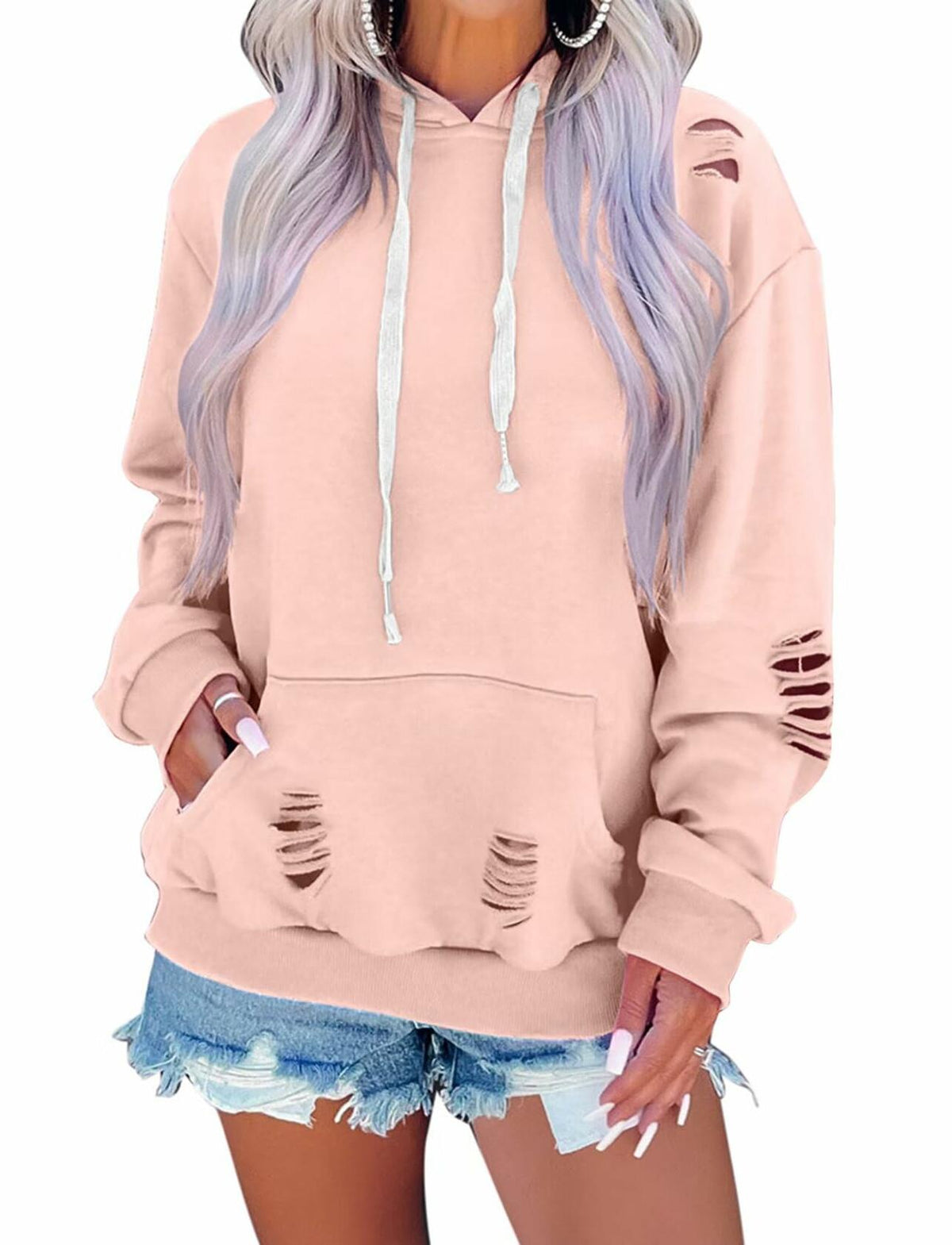 Women Hooded Distressed Sweatshirt Drawstring Kangaroo Pocket Greyblue Size M