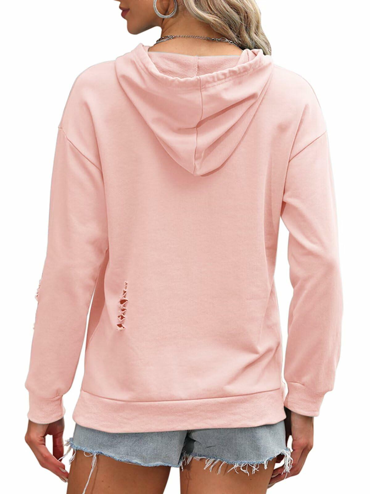 Women Hooded Distressed Sweatshirt Drawstring Kangaroo Pocket Greyblue Size M