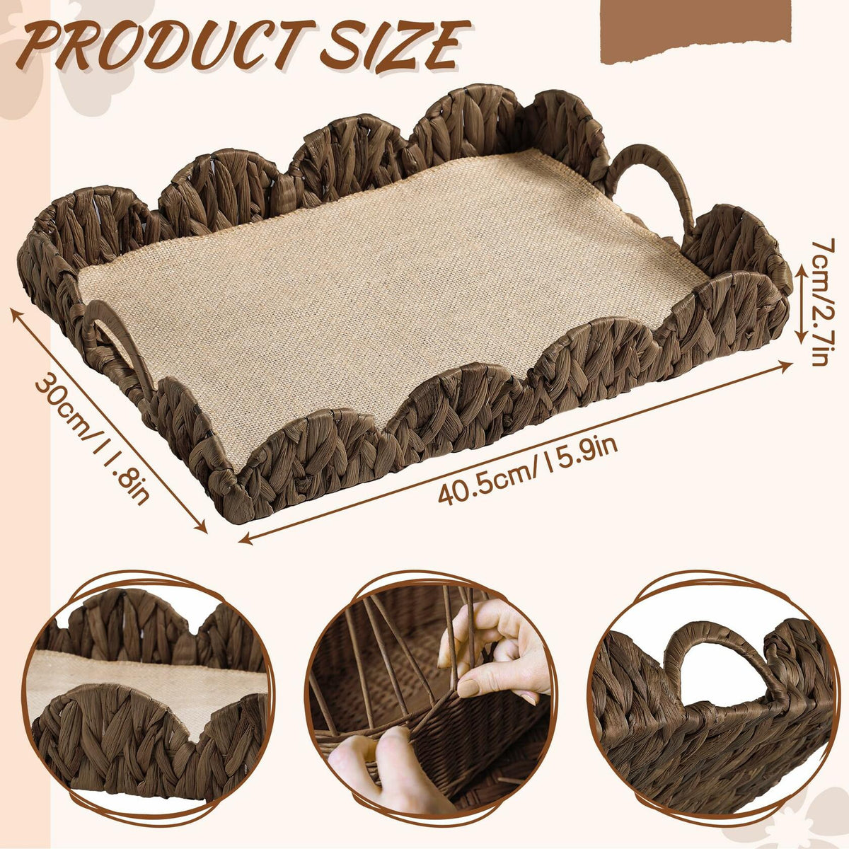 Rectangle Serving Tray with Handles Brown Food Fruit Coffee Table Ottoman Tray