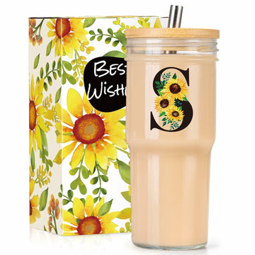 Personalized Initial Glass Cup 24oz Tumbler with Lid Straw J Flowers