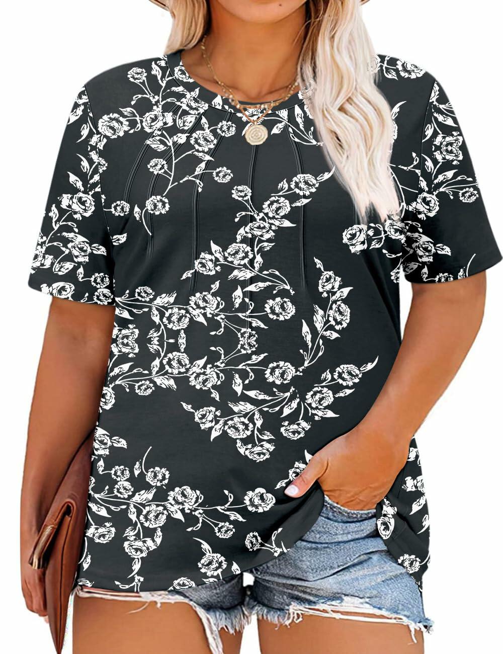 Kistore Women's Tunic Top Plus Size Crew Neck Short Sleeve Black Floral Size 2XL