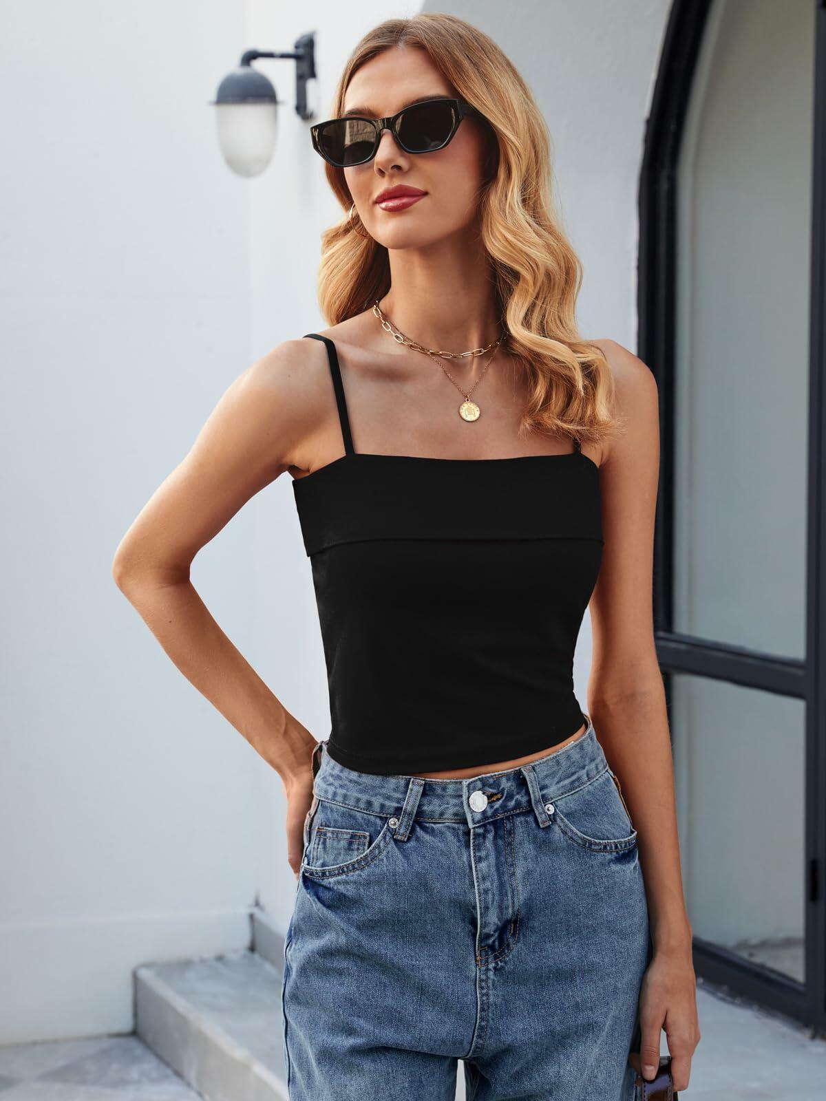ZANZEA Black Square Neck Crop Tank Top Women Size L
