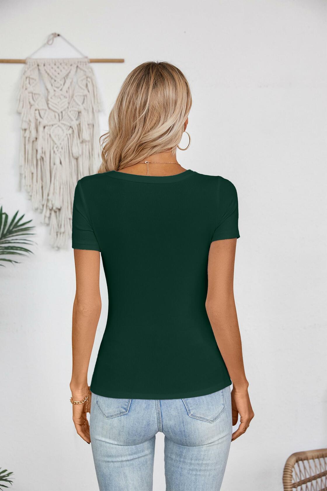 Haochic Womens Square Neck Slim Fit Ribbed T-Shirt Dark Green Size S