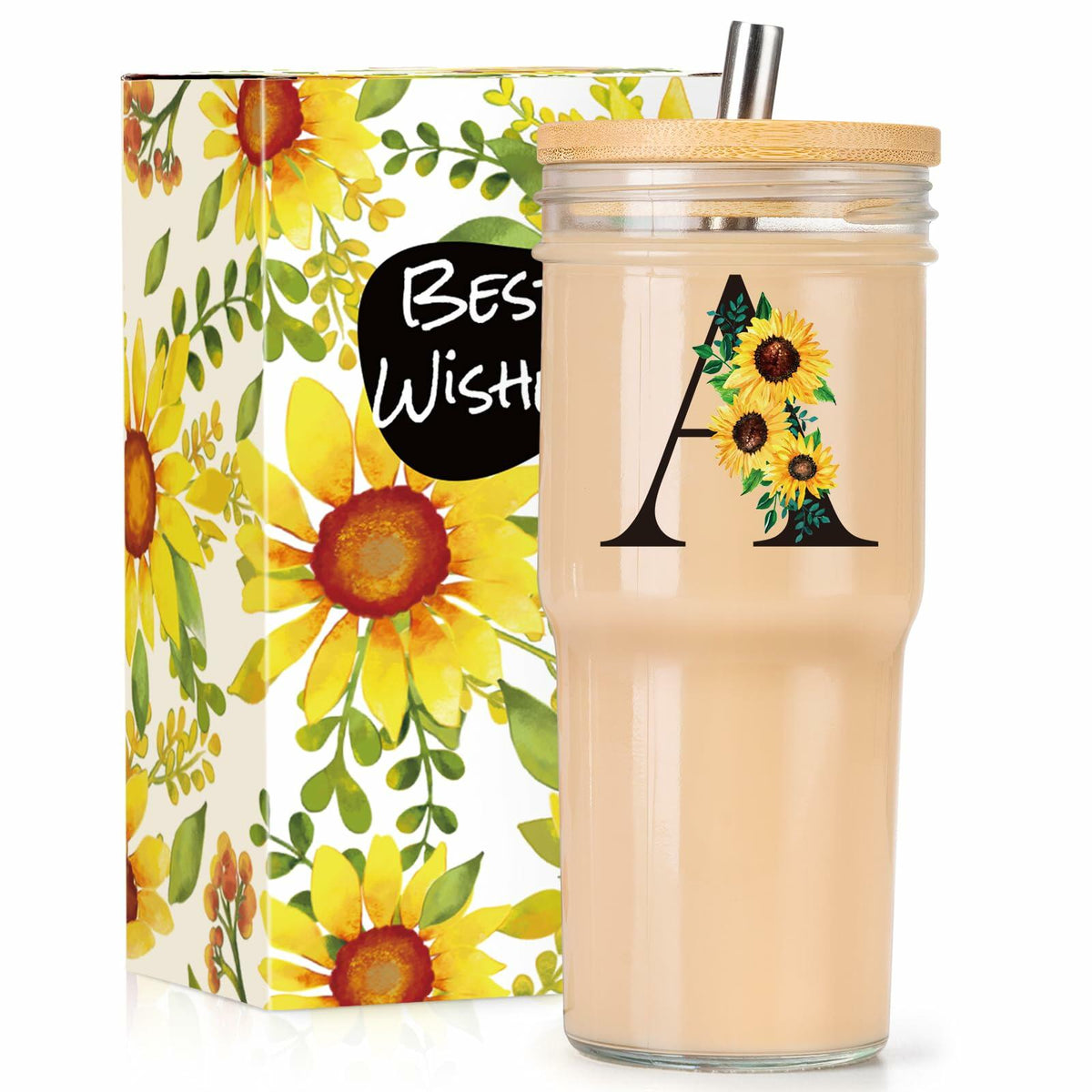 Personalized Initial Glass Cup 24oz Tumbler with Lid Straw Sunflower S