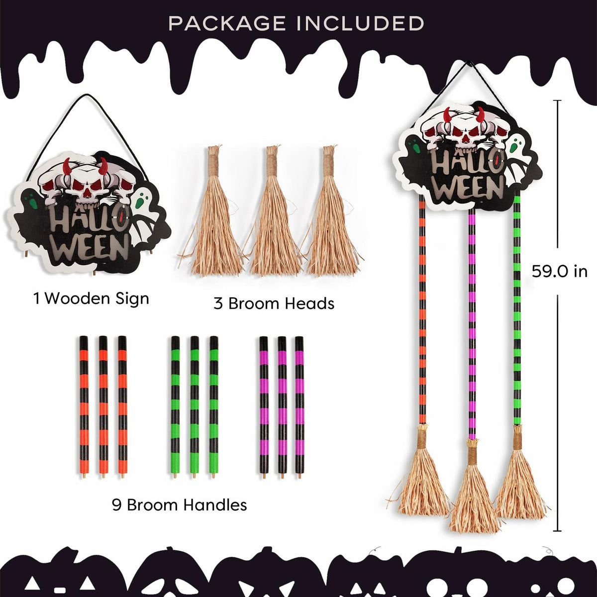 BLCtec Hocus Pocus Halloween Broom Sign 59" with 3 Witch Brooms Timer