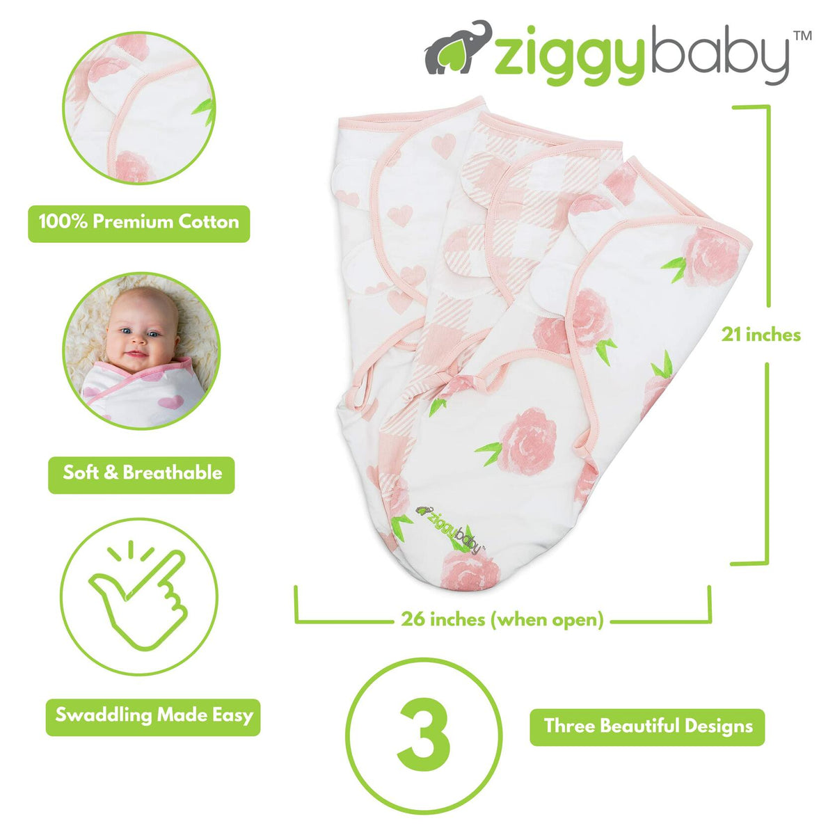 Ziggy Baby Swaddle Blanket Adjustable Wrap 3Pack Pink Peony Heart Plaid Size S/M