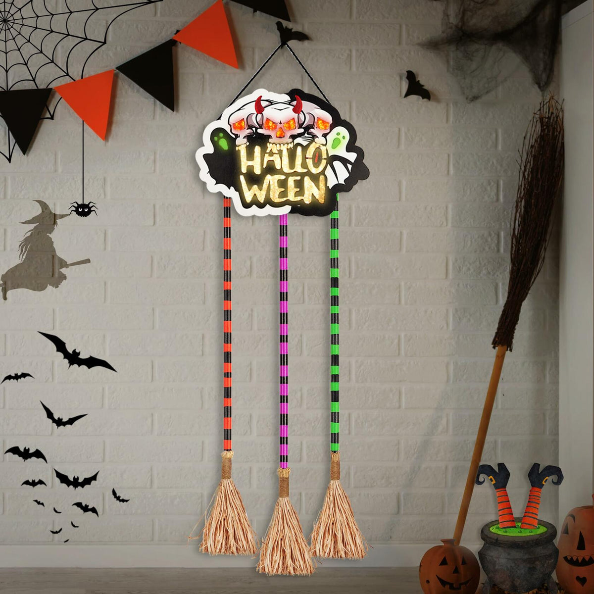 BLCtec Hocus Pocus Halloween Broom Sign 59" with 3 Witch Brooms Timer