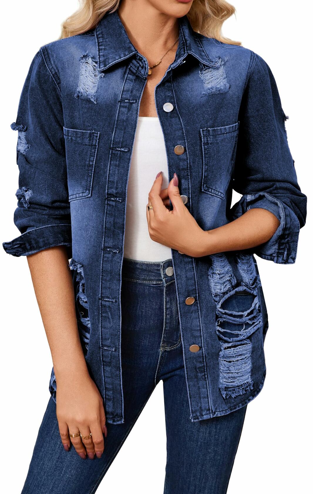 sexycherry Denim Navy Blue Distressed Trucker Jacket for Women Size 3X-Large