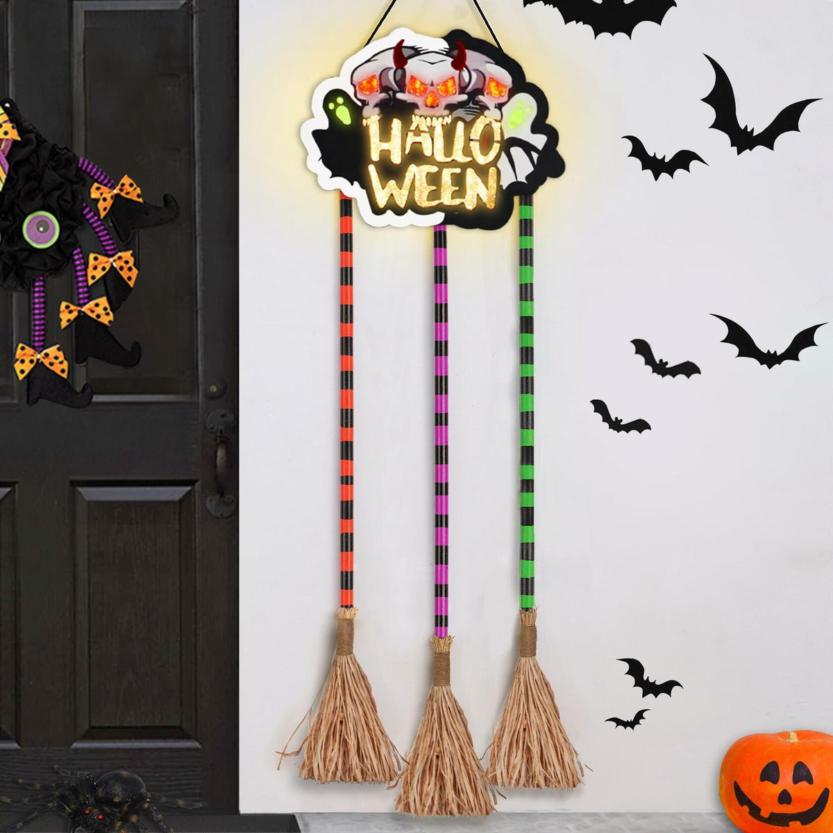 BLCtec Hocus Pocus Halloween Broom Sign 59" with 3 Witch Brooms Timer