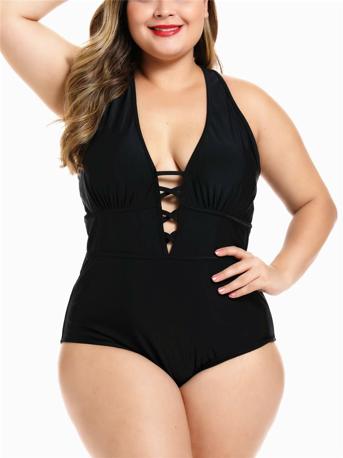 FlatterMe Women's Sexy Plus Size Black One Piece Swimsuit Lace Up Size 3XL