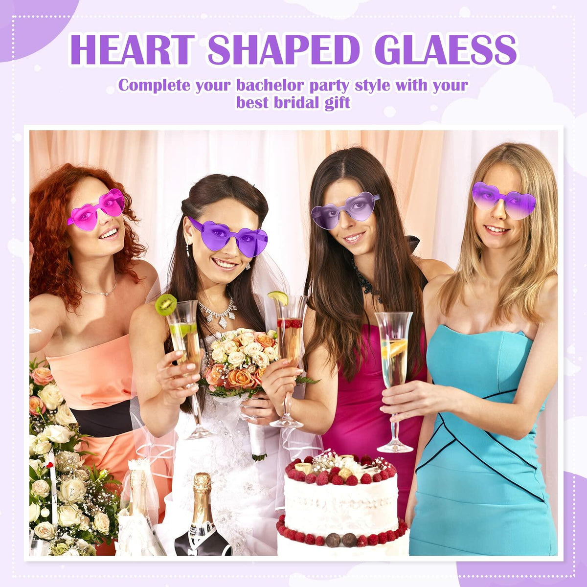 TOODOO 4 Pack Heart Shaped Rimless Sunglasses Candy Color Purple Series