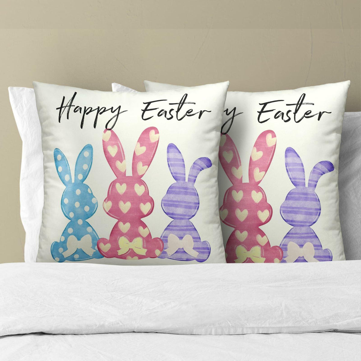 Happy Easter Throw Pillow Covers Set of 2 18x18 Cotton Colorful Bunny