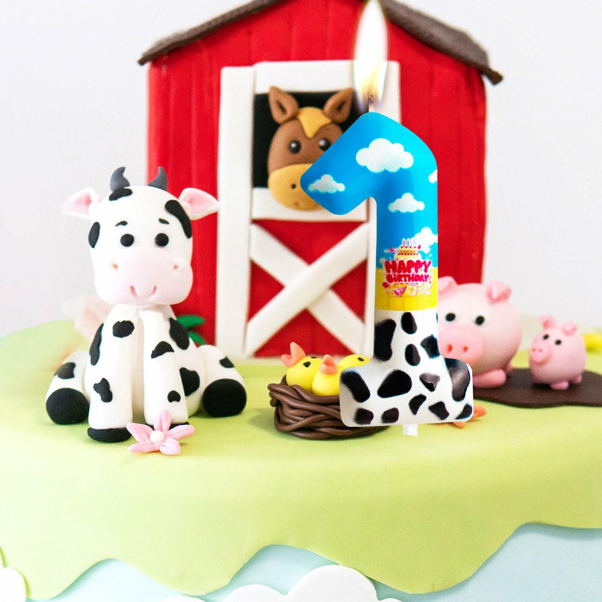 Zi Lan Cartoon Birthday Cake Topper Candles Blue Sky White Cloud Black Cow