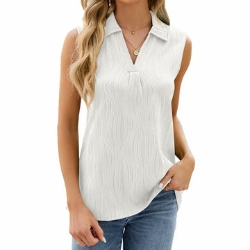Sleeveless Tank Tops Women V Neck Casual Polo Shirt White Size S