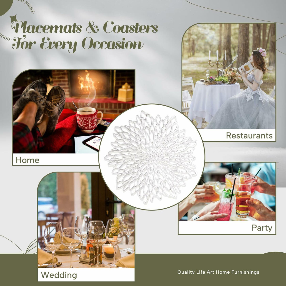 Defined Deco Silver Vinyl Placemats & Coasters Set of 18 15" Round