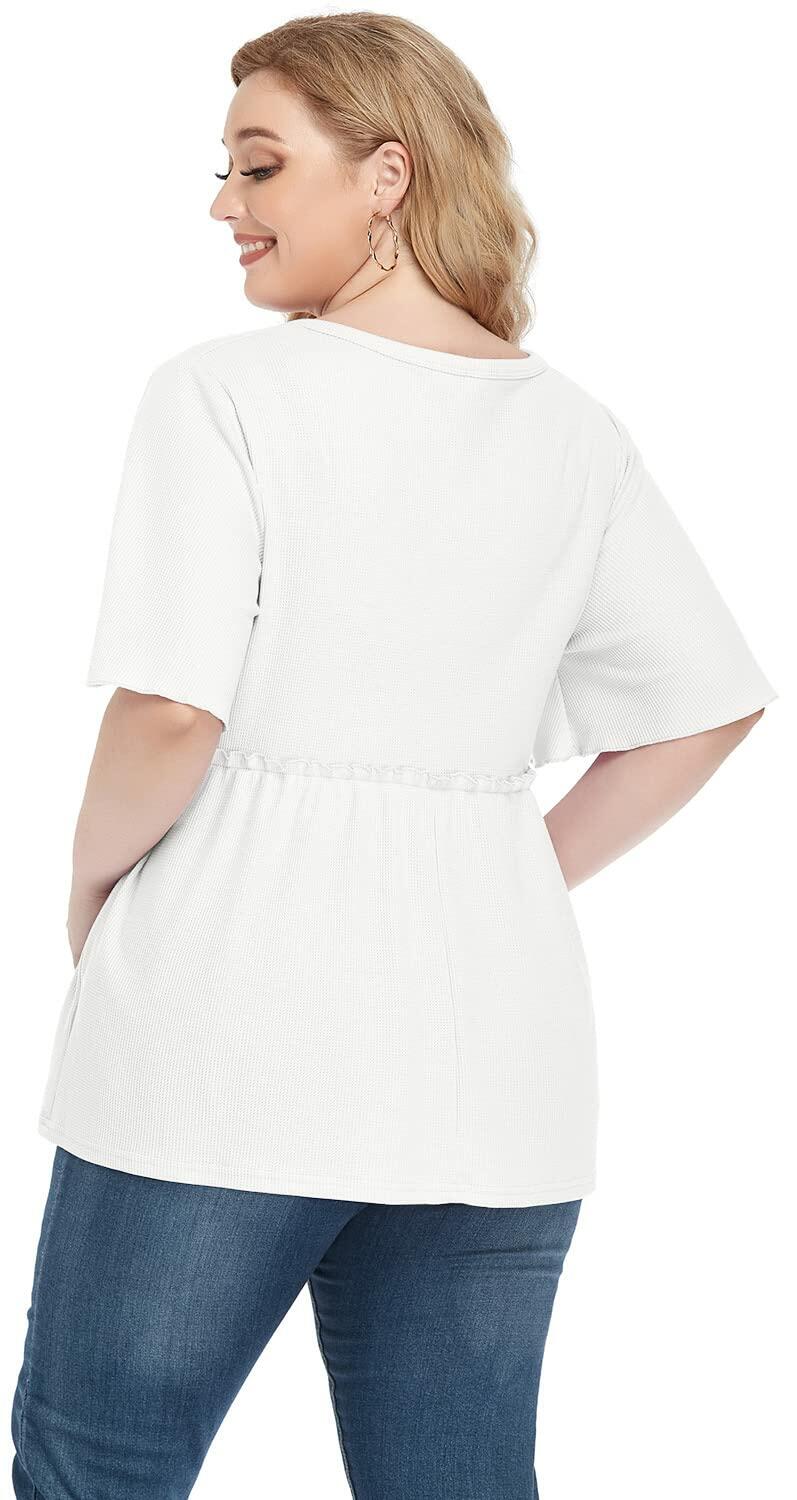 POSESHE Women's Plus Size V Neck Ruffle Button Up Blouse White Size L