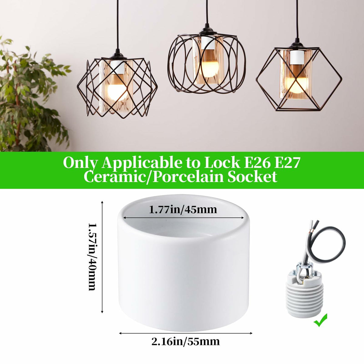 2Pcs Light Socket Shade Ring Metal Collar 1.5in Thread E26 E27 Ceramic White