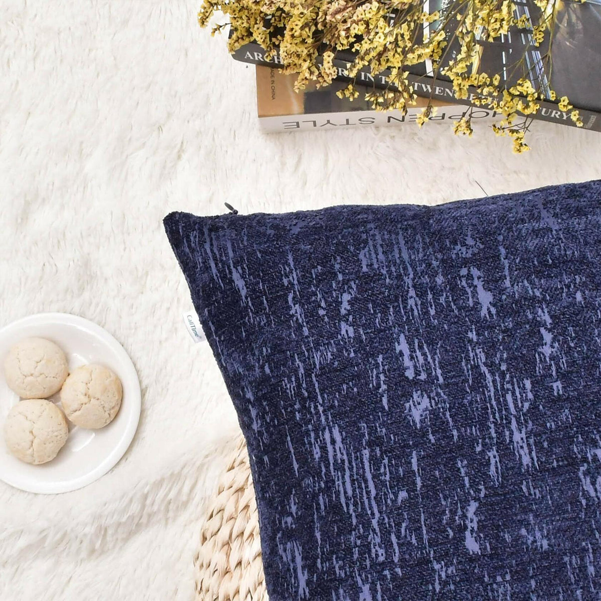 CaliTime Marbling Jacquard Chenille Throw Pillow Cases 12x20 Navy Blue 2 Pack