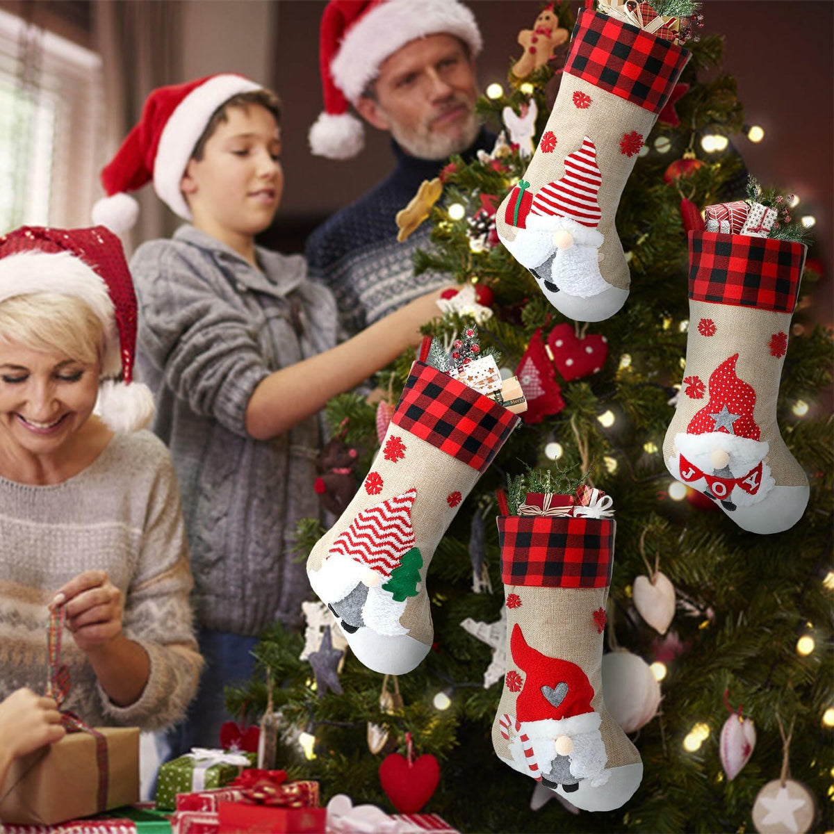 LASPERAL 4Pcs 18in Christmas Stockings 3D Burlap Santa Snowman Reindeer