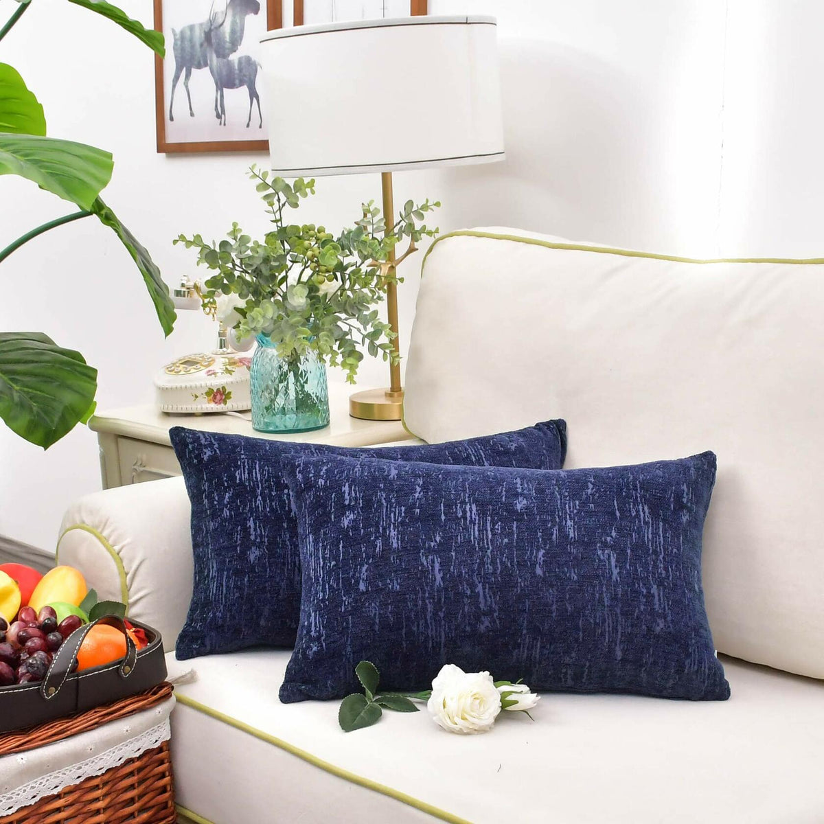 CaliTime Marbling Jacquard Chenille Throw Pillow Cases 12x20 Navy Blue 2 Pack