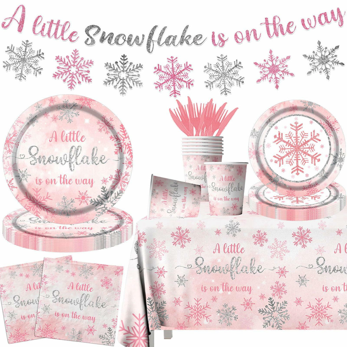 Winter Snowflake Plates & Napkins Pink Baby Shower 20pcs Winter Wonderland