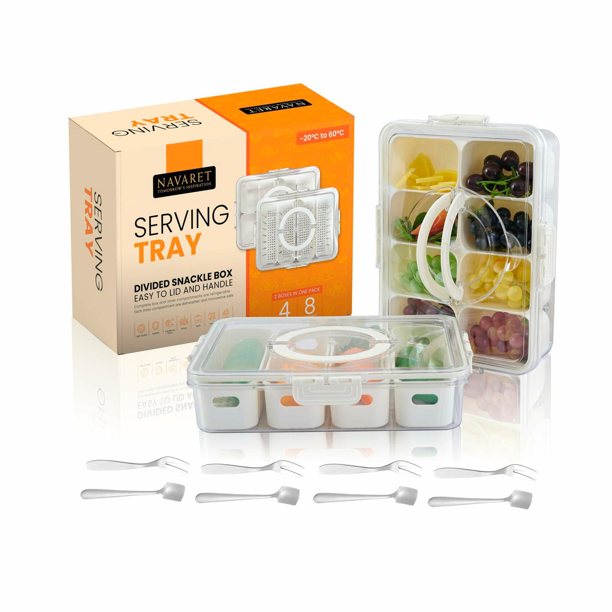 Snackle Box Divided Serving Tray with Lid & Handle 8 & 4 Compartments Picnic