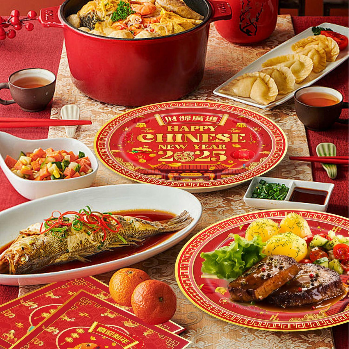 48pcs Chinese New Year 2025 Party Plates Napkins Decorations for 24 Guests