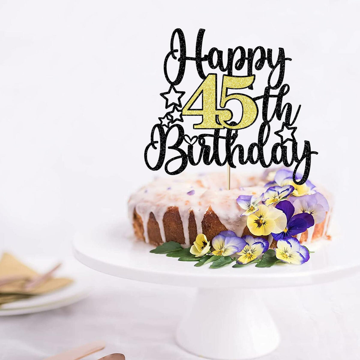 Happy 45th Birthday Cake Topper Black Gold Glitter Cheers to 45 Years