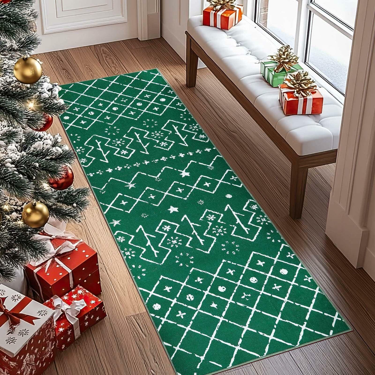 jinchan Christmas Runner Rug 3x7 Green Moroccan Non Slip Soft Carpet