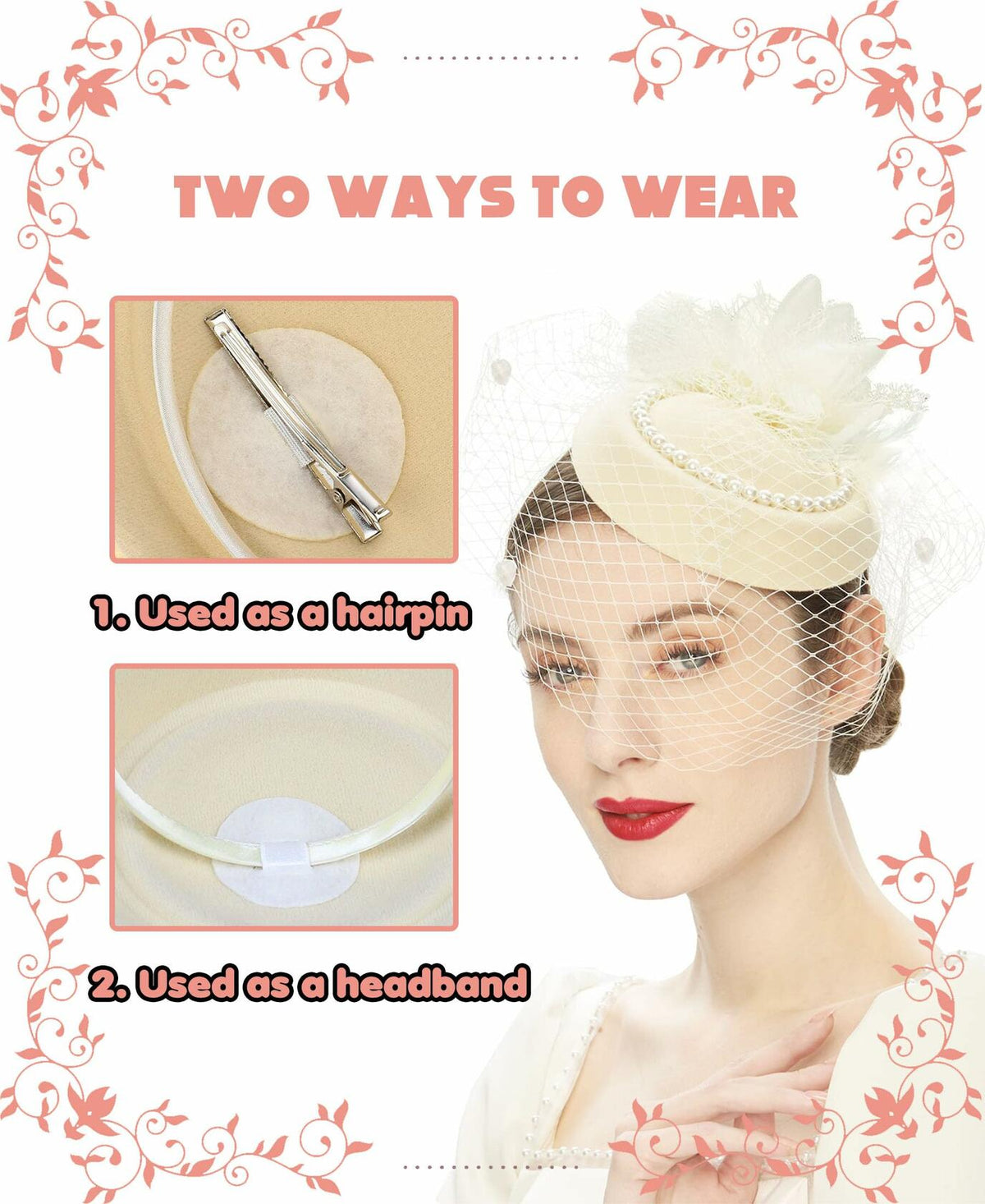 Kidukso Vintage Derby Fascinator Hat with Veil for Wedding Party