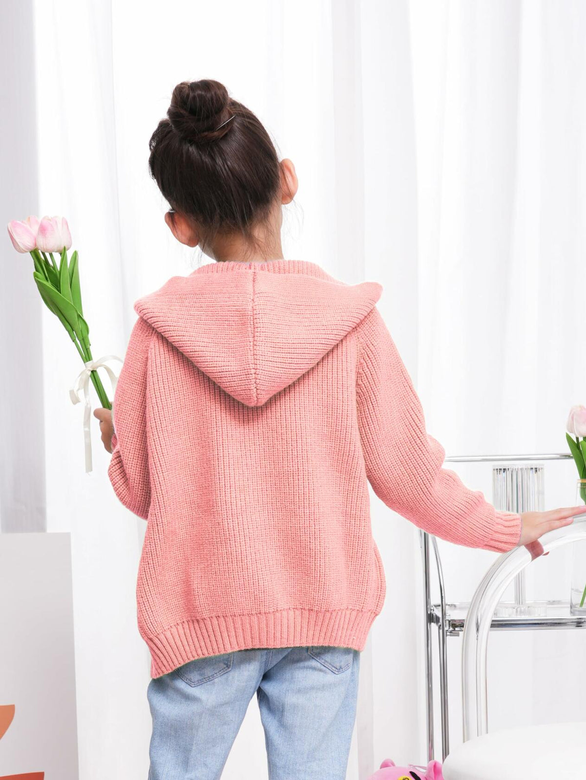 AUTWARM Girls Hooded Cardigan Oversized Knit Sweater Brown Size 5-6Y
