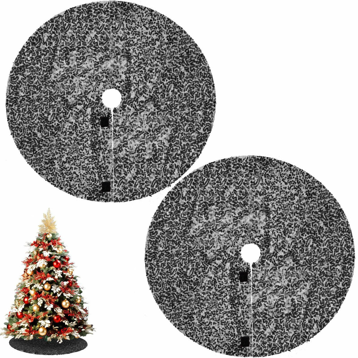 2 Pcs Black Sequin Tree Skirt 15 Inch Glitter Shiny Christmas Decoration