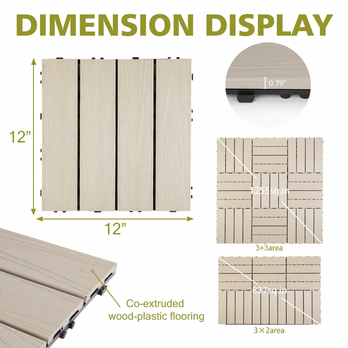 Famobay WPC Patio Deck Tiles 3D Organic White 12x12in 6pcs Durable Waterproof