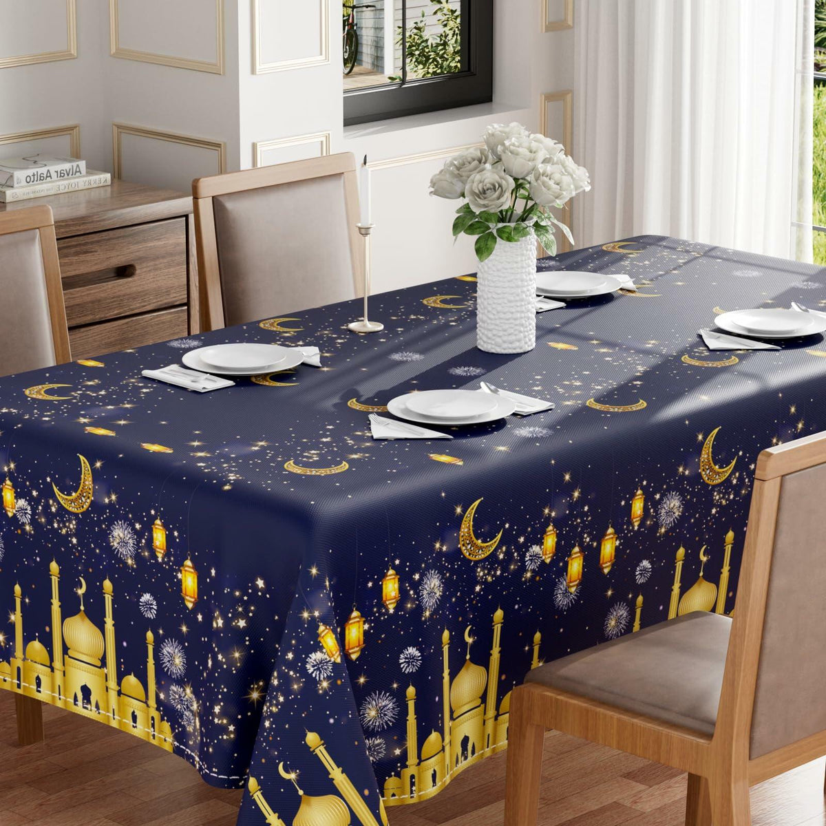 BOTB LIHM Eid Ramadan Tablecloth 60x84" Castle Lantern Stars & Moon
