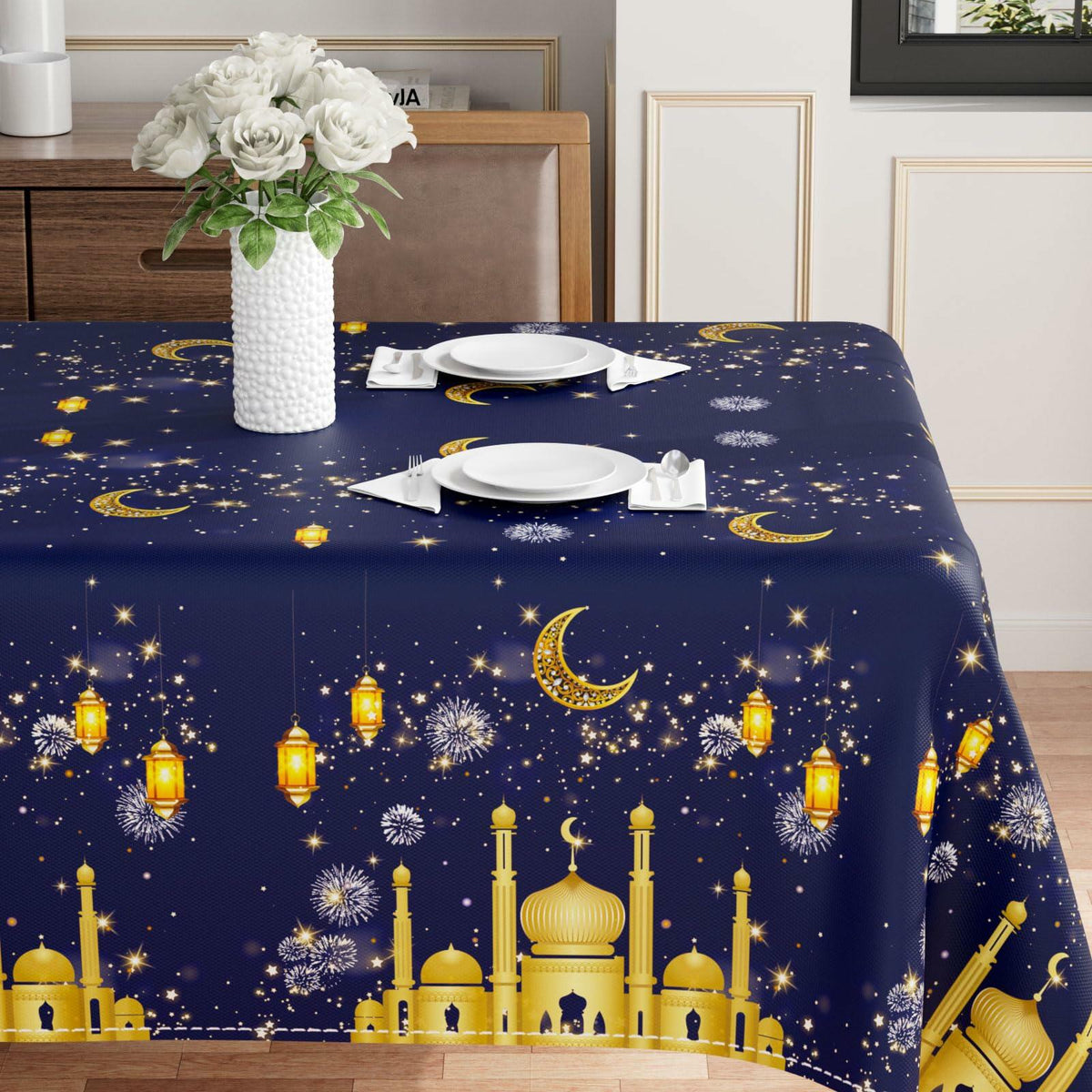 BOTB LIHM Eid Ramadan Tablecloth 60x84" Castle Lantern Stars & Moon