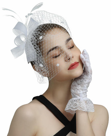 Kidukso Fascinators Hat Vintage 1930s Derby Mesh Veil Feathers White