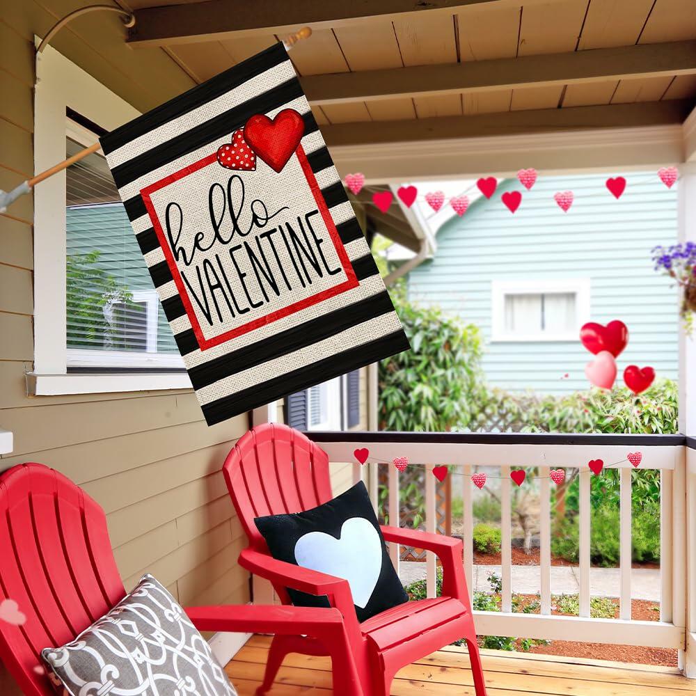 Hello Valentine Watercolor Stripes House Flag Love Heart 28x40 Inch Burlap