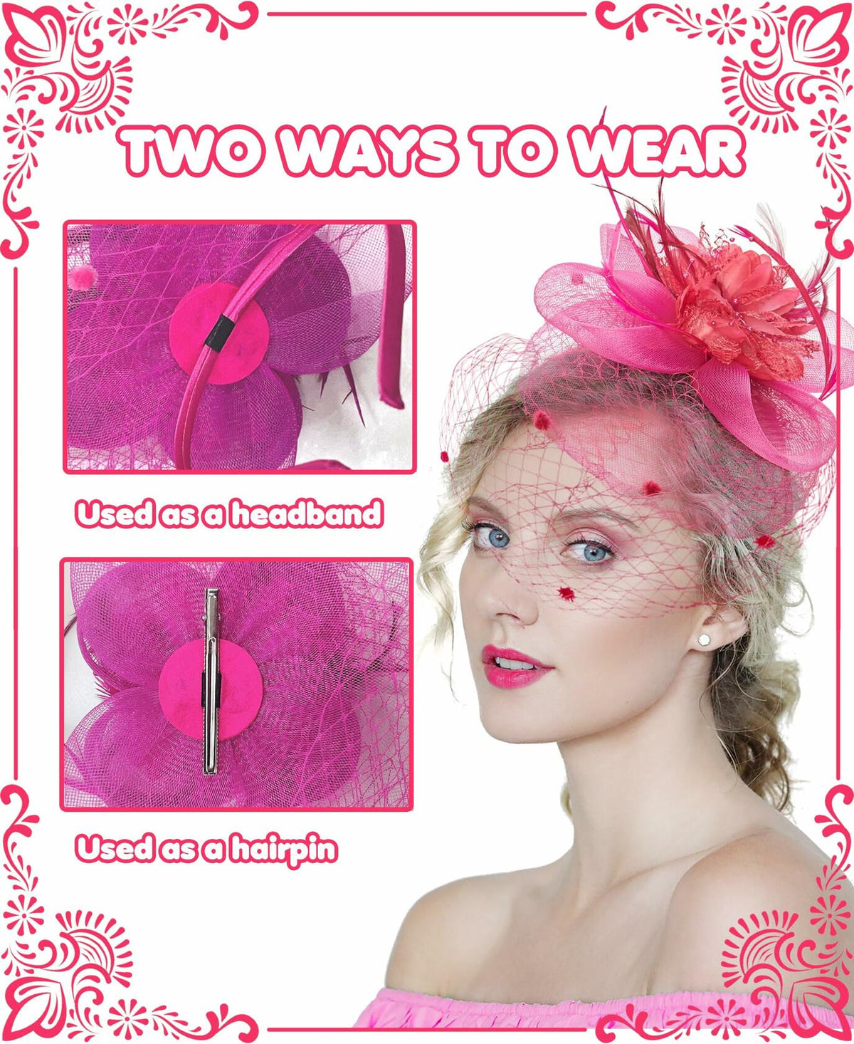 Kidukso Fascinators Hat Vintage 1923s Derby Mesh Veil Feathers Rose Red